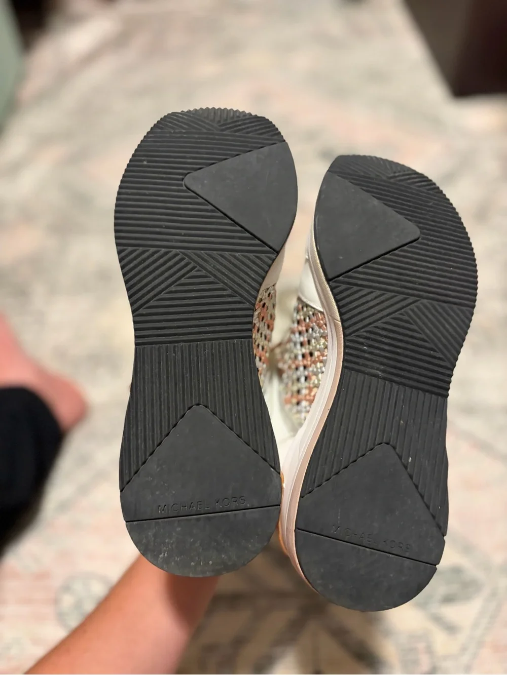Michael Kors White Sneakers with Rose Gold and Cream Woven Panels